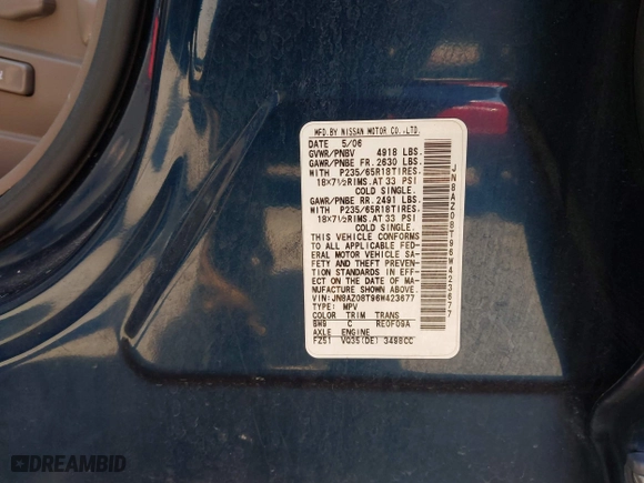 2006 Nissan Murano SL with VIN JN8AZ08T96W423677, listed as a IAAI auction lot 41932157 with 224,087 mi miles. Bid and sale history available at carsss.com. Image 9.