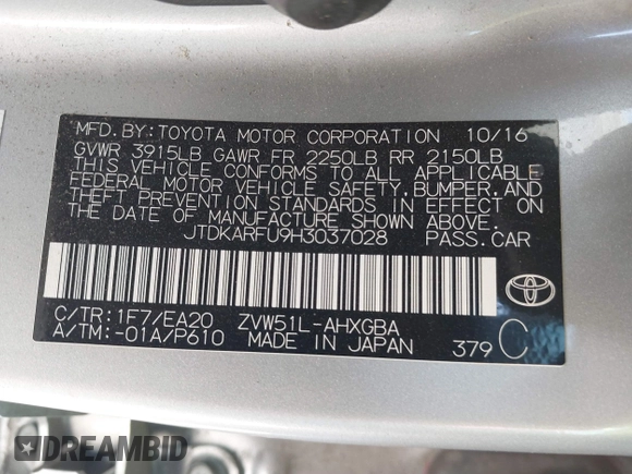 2017 Toyota Prius Two with VIN JTDKARFU9H3037028, listed as a IAAI auction lot 41808283 with 147,617 mi miles. Bid and sale history available at carsss.com. Image 9.