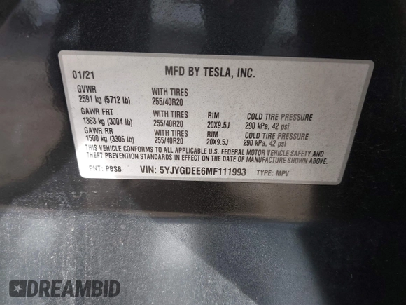 2021 Tesla Model Y Long Range with VIN 5YJYGDEE6MF111993, listed as a IAAI auction lot 41600578 with Not Provided miles. Bid and sale history available at carsss.com. Image 9.