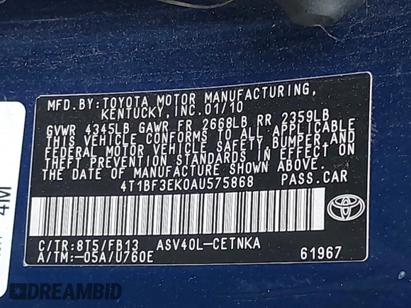 2010 Toyota Camry with VIN 4T1BF3EK0AU575868, listed as a IAAI auction lot 42039551 with 254,101 mi miles and . Bid and sale history available at DreamBid. Image 9.