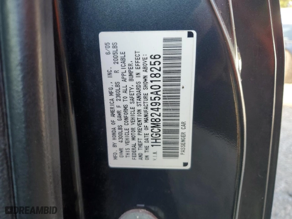 2005 Honda Accord Cpe LX V6 SE with VIN 1HGCM82495A018256, listed as a Copart auction lot 83206474 with 228,075 mi miles and Clean Title. Bid and sale history available at carsss.com. Image 12.