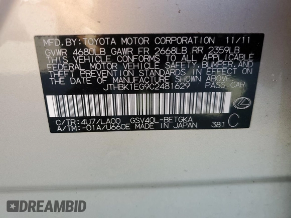 2012 Lexus ES 330 z VIN JTHBK1EG9C2481629, wystawiony jako Copart lot #57839495 z przebiegiem 60 339 mil mil oraz Czysty tytuł • Clean title. Historia ofert i sprzedaży dostępna na DreamBid. Obrazek 12.