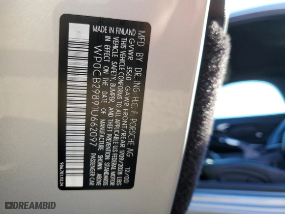 2001 Porsche Boxster S with VIN WP0CB29891U662097, listed as a Copart auction lot 86952684 with 81,510 mi miles and Salvage Title. Bid and sale history available at carsss.com. Image 14.