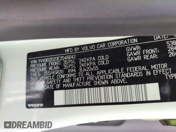2014 Volvo XC60 R-Design Premier Plus with VIN YV4902DZ0E2546642, listed as a IAAI auction lot 42149824 with 133,669 mi miles and . Bid and sale history available at DreamBid. Image 9.
