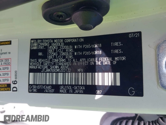 2021 Lexus GX 460 Premium with VIN JTJAM7BX0M5302132, listed as a IAAI auction lot 42462529 with 57,564 mi miles and . Bid and sale history available at DreamBid. Image 9.