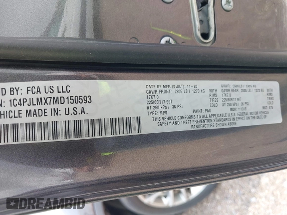 2021 Jeep Cherokee Latitude Lux with VIN 1C4PJLMX7MD150593, listed as a IAAI auction lot 42066825 with Not provided miles and . Bid and sale history available at DreamBid. Image 9.