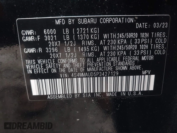 2023 Subaru Ascent Limited with VIN 4S4WMAUD5P3427129, listed as a IAAI auction lot 41735886 with 34,424 mi miles and . Bid and sale history available at DreamBid. Image 9.