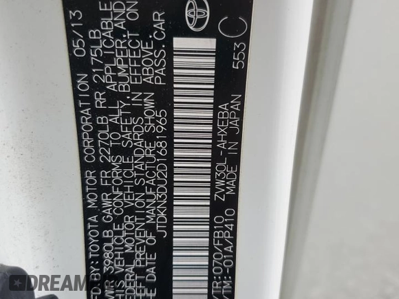 2013 Toyota Prius One z VIN JTDKN3DU2D1681965, wystawiony jako Copart lot #60545365 z przebiegiem 169 392 mil mil oraz Szkoda całkowita • Salvage title. Historia ofert i sprzedaży dostępna na DreamBid. Obrazek 13.