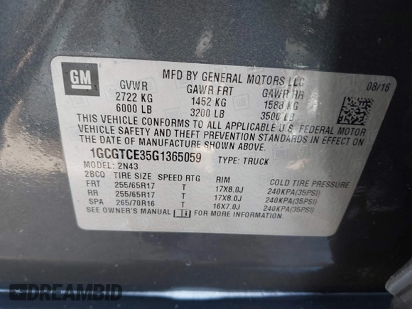2016 Chevrolet Colorado 4WD LT with VIN 1GCGTCE35G1365059, listed as a IAAI auction lot 41565739 with 158,954 mi miles. Bid and sale history available at carsss.com. Image 9.