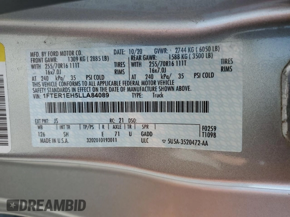 2020 Ford Ranger XL with VIN 1FTER1EH5LLA84089, listed as a Copart auction lot 50614935 with 48,335 mi miles and Clean Title. Bid and sale history available at DreamBid. Image 12.