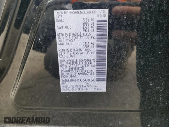 2018 Nissan Pathfinder S with VIN 5N1DR2MN2JC650968, listed as a Copart auction lot 51741025 with 120,319 mi miles and Salvage title. Bid and sale history available at DreamBid. Image 13.