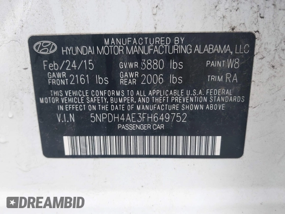 2015 Hyundai Elantra SE z VIN 5NPDH4AE3FH649752, wystawiony jako IAAI lot #42311622 z przebiegiem 100 166 mil mil oraz . Historia ofert i sprzedaży dostępna na DreamBid. Obrazek 9.