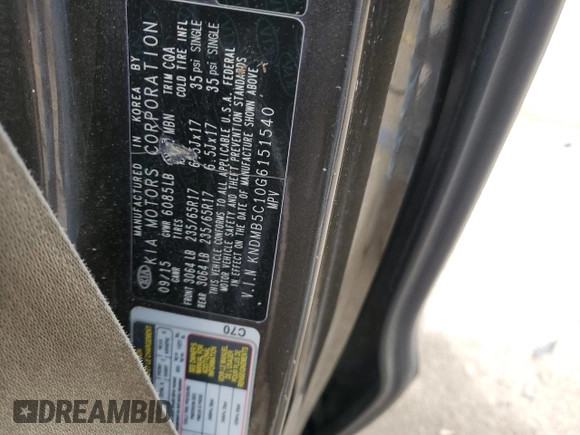 2016 Kia Sedona LX with VIN KNDMB5C10G6151540, listed as a Copart auction lot 46419095 with Not Provided miles and Salvage Title. Bid and sale history available at DreamBid. Image 13.