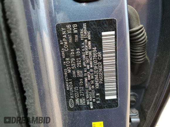 2015 Hyundai Genesis 3.8L z VIN KMHGN4JE9FU078694, wystawiony jako Copart lot #54191745 z przebiegiem 24 755 mil mil oraz Szkoda całkowita • Salvage title. Historia ofert i sprzedaży dostępna na DreamBid. Obrazek 12.