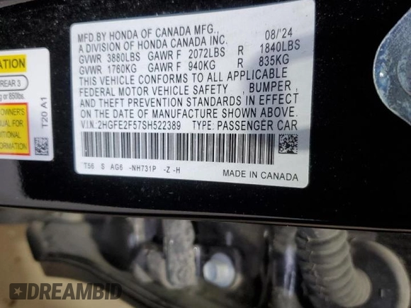 2025 Honda Civic Sport z VIN 2HGFE2F57SH522389, wystawiony jako Copart lot #46955815 z przebiegiem Nie podano mil oraz Szkoda całkowita • Salvage title. Historia ofert i sprzedaży dostępna na DreamBid. Obrazek 14.
