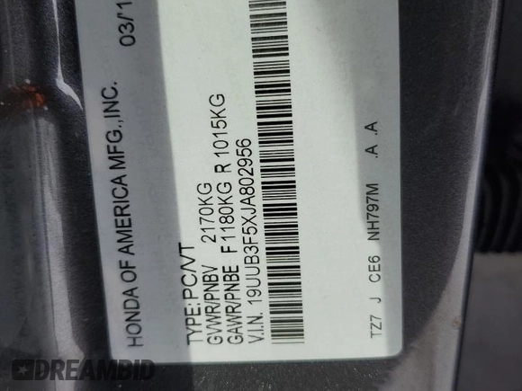 2018 Acura TLX Technology z VIN 19UUB3F5XJA802956, wystawiony jako Copart lot #46687825 z przebiegiem Nie podano mil oraz Szkoda całkowita • Salvage title. Historia ofert i sprzedaży dostępna na DreamBid. Obrazek 12.