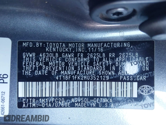 2017 Toyota Camry XLE with VIN 4T1BF1FK2HU352129, listed as a IAAI auction lot 41872423 with 160,835 mi miles. Bid and sale history available at carsss.com. Image 9.