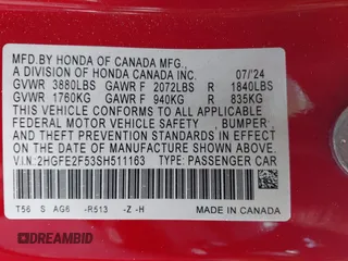 2025 Honda Civic Sport with VIN 2HGFE2F53SH511163, listed as a IAAI auction lot 41886456 with 11,696 mi miles and . Bid and sale history available at carsss.com. Image 9.