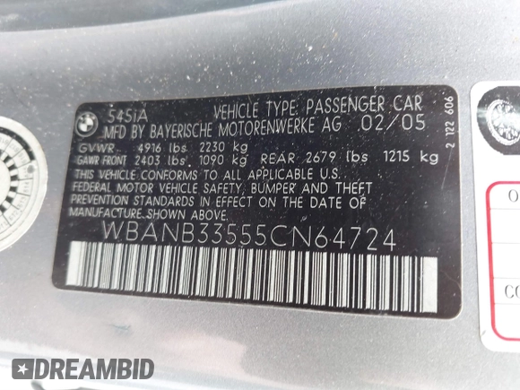 2005 BMW 5 Series 545i with VIN WBANB33555CN64724, listed as a IAAI auction lot 41715011 with 152,043 mi miles and . Bid and sale history available at carsss.com. Image 9.