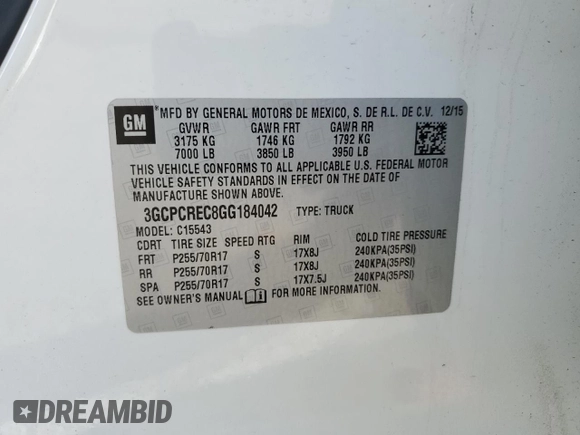 2016 Chevrolet Silverado 1500 LT with VIN 3GCPCREC8GG184042, listed as a Copart auction lot 51370505 with 68,989 mi miles and Salvage Title. Bid and sale history available at DreamBid. Image 14.