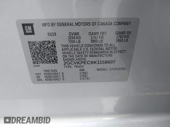2019 Chevrolet Silverado 1500 LT with VIN 2GCVKPECXK1158607, listed as a IAAI auction lot 41116624 with 72,822 mi miles and . Bid and sale history available at DreamBid. Image 9.