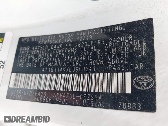 2020 Toyota Camry SE z VIN 4T1G11AKXLU908241, wystawiony jako IAAI lot #42093849 z przebiegiem 132 855 mil mil oraz . Historia ofert i sprzedaży dostępna na DreamBid. Obrazek 9.