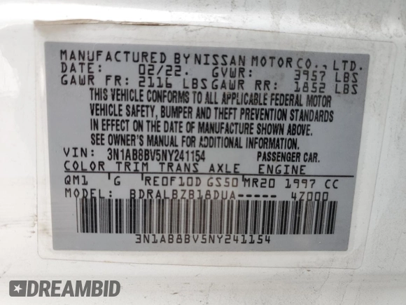2022 Nissan Sentra S with VIN 3N1AB8BV5NY241154, listed as a Copart auction lot 47236415 with 79,407 mi miles and Salvage Title. Bid and sale history available at carsss.com. Image 13.