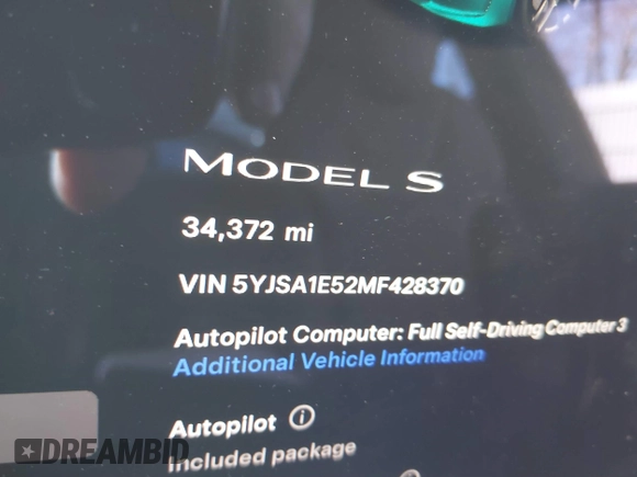 2021 Tesla Model S Long Range with VIN 5YJSA1E52MF428370, listed as a IAAI auction lot 41809773 with 34,372 mi miles and . Bid and sale history available at DreamBid. Image 15.