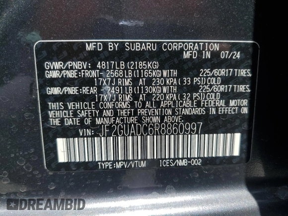 2024 Subaru Crosstrek Premium с VIN JF2GUADC6R8860997, выставлен на аукционе Copart как лот 56731155 с пробегом 9 837 миль миль и Списание • Salvage title. История ставок и продаж доступна на DreamBid. Изображение 12.