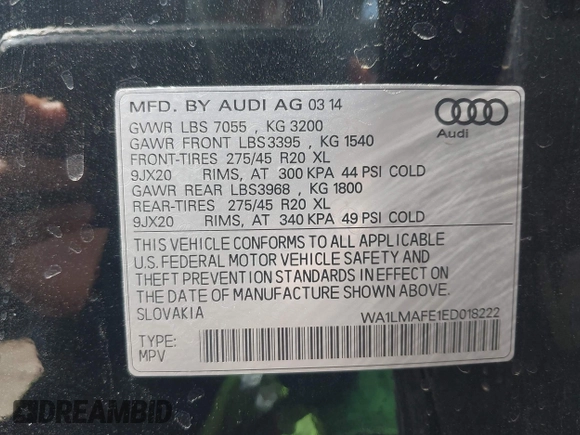 2014 Audi Q7 Premium Plus with VIN WA1LMAFE1ED018222, listed as a IAAI auction lot 42692262 with 144,540 mi miles and . Bid and sale history available at DreamBid. Image 9.