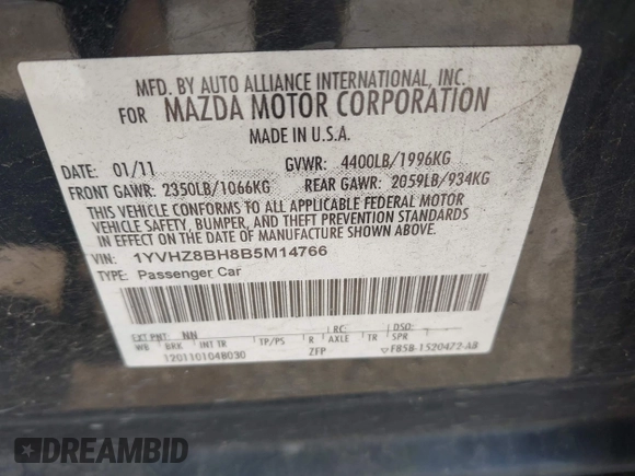 2011 Mazda 6 i Sport with VIN 1YVHZ8BH8B5M14766, listed as a IAAI auction lot 42108031 with 134,580 mi miles and . Bid and sale history available at DreamBid. Image 9.