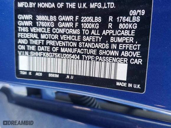 2019 Honda Civic Type R Touring with VIN SHHFK8G75KU205404, listed as a Copart auction lot 77823884 with 50,404 mi miles and Salvage Title. Bid and sale history available at carsss.com. Image 14.