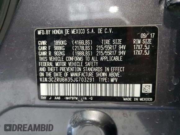 2018 Honda HR-V LX with VIN 3CZRU6H35JG703291, listed as a Copart auction lot 51917495 with 0 mi miles and Salvage Title. Bid and sale history available at carsss.com. Image 16.