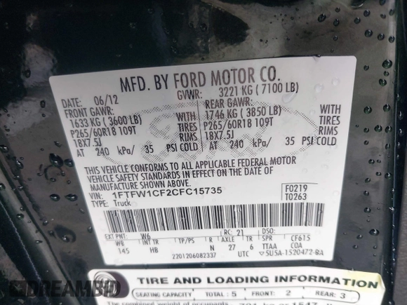 2012 Ford F-150 XL with VIN 1FTFW1CF2CFC15735, listed as a IAAI auction lot 41405687 with 205,457 mi miles. Bid and sale history available at carsss.com. Image 9.