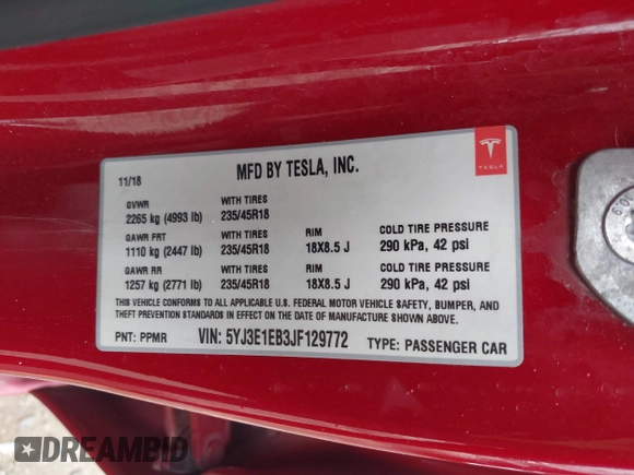 2018 Tesla Model 3 Long Range Battery with VIN 5YJ3E1EB3JF129772, listed as a IAAI auction lot 42017305 with 103,825 mi miles and . Bid and sale history available at DreamBid. Image 9.