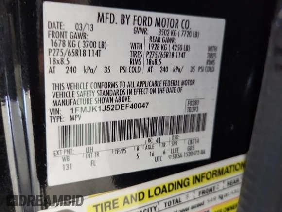 2013 Ford Expedition Max XLT с VIN 1FMJK1J52DEF40047, выставлен на аукционе Copart как лот 63868365 с пробегом 64 406 миль миль и Чистый • Clean title. История ставок и продаж доступна на DreamBid. Изображение 13.