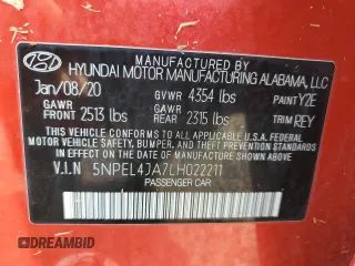 2020 Hyundai Sonata SEL z VIN 5NPEL4JA7LH022211, wystawiony jako Copart lot #51542825 z przebiegiem Nie podano mil oraz Szkoda całkowita • Salvage title. Historia ofert i sprzedaży dostępna na DreamBid. Obrazek 14.