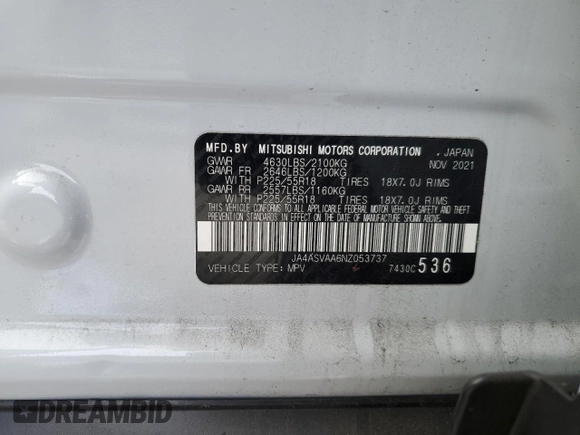 2022 Mitsubishi Eclipse Cross LE z VIN JA4ASVAA6NZ053737, wystawiony jako Copart lot #42157625 z przebiegiem 18 191 mil mil oraz Szkoda całkowita • Salvage title. Historia ofert i sprzedaży dostępna na DreamBid. Obrazek 14.
