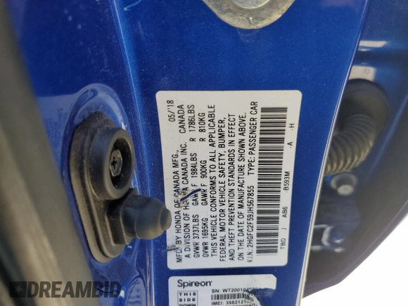 2018 Honda Civic LX with VIN 2HGFC2F59JH567855, listed as a Copart auction lot 63935294 with 75,521 mi miles and Salvage Title. Bid and sale history available at DreamBid. Image 12.