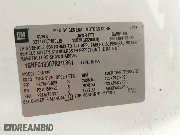 2007 Chevrolet Tahoe LS with VIN 1GNFC13007R310861, listed as a IAAI auction lot 42621401 with 241,291 mi miles and . Bid and sale history available at DreamBid. Image 9.