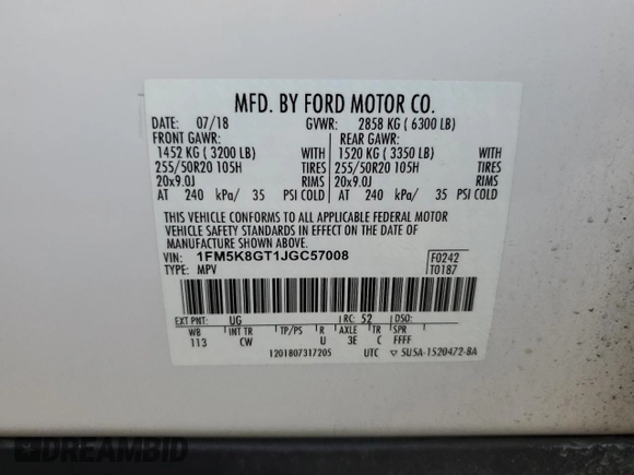 2018 Ford Explorer Sport с VIN 1FM5K8GT1JGC57008, выставлен на аукционе Copart как лот 56192175 с пробегом 120 328 миль миль и Списание • Salvage title. История ставок и продаж доступна на DreamBid. Изображение 13.