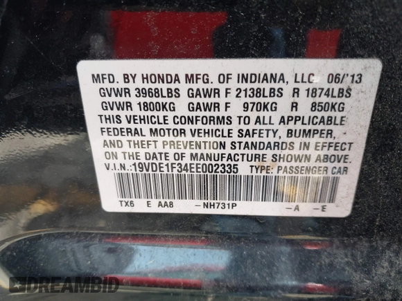 2014 Acura ILX with VIN 19VDE1F34EE002335, listed as a IAAI auction lot 42135408 with 175,010 mi miles and . Bid and sale history available at DreamBid. Image 9.