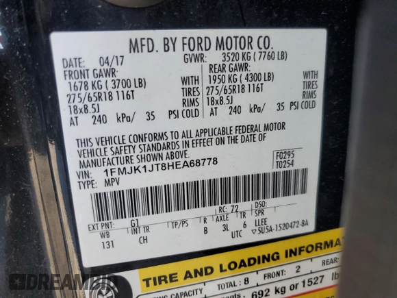 2017 Ford Expedition Max XLT with VIN 1FMJK1JT8HEA68778, listed as a Copart auction lot 61571665 with 87,862 mi miles and Salvage title. Bid and sale history available at DreamBid. Image 13.