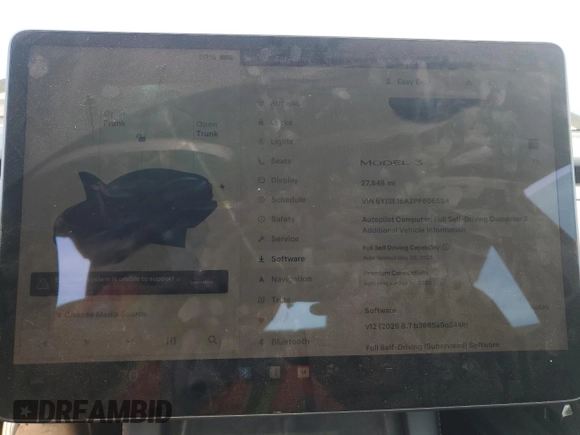 2023 Tesla Model 3 с VIN 5YJ3E1EA2PF606594, выставлен на аукционе Copart как лот 57288255 с пробегом 27 848 миль миль и Списание • Salvage title. История ставок и продаж доступна на DreamBid. Изображение 9.