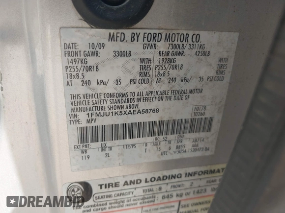 2010 Ford Expedition Limited with VIN 1FMJU1K5XAEA58768, listed as a IAAI auction lot 42373092 with 293,134 mi miles and . Bid and sale history available at DreamBid. Image 9.