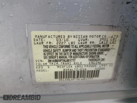 2010 Nissan Sentra SR with VIN 3N1AB6AP7AL681777, listed as a Copart auction lot 50659715 with 184,135 mi miles and Salvage Title. Bid and sale history available at DreamBid. Image 12.