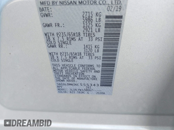 2019 Infiniti QX60 LUXE with VIN 5N1DL0MN3KC555343, listed as a IAAI auction lot 41331200 with 103,085 mi miles. Bid and sale history available at carsss.com. Image 9.