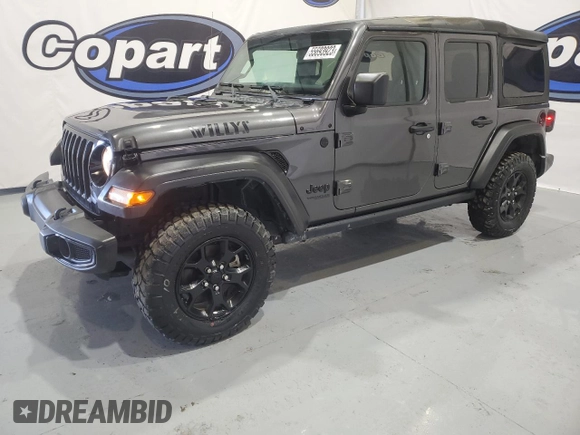 2021 Jeep Wrangler Unlimited Willys Sport with VIN 1C4HJXDN1MW679696, listed as a Copart auction lot 55693923 with 164,749 mi miles and Salvage title. Bid and sale history available at DreamBid. Image 1.
