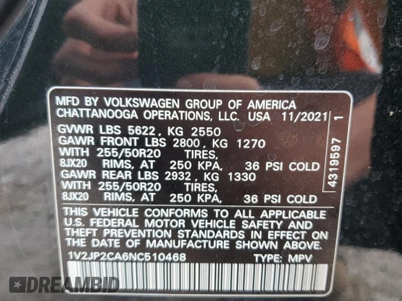 2022 Volkswagen Atlas SE with VIN 1V2JP2CA6NC510468, listed as a Copart auction lot 50455315 with 42,009 mi miles and Salvage title. Bid and sale history available at DreamBid. Image 14.