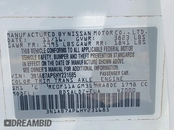 2017 Nissan Sentra SR с VIN 3N1AB7AP6HY231685, выставлен на аукционе IAAI как лот 42470792 с пробегом 148 073 миль миль и . История ставок и продаж доступна на DreamBid. Изображение 9.
